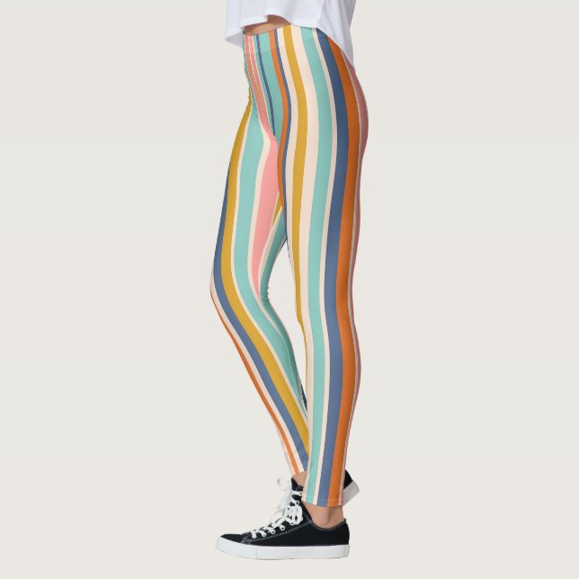 Retro vertical orange blue and yellow pink stripes leggings (Left)