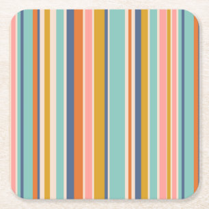 Retro vertical orange blue and yellow pink stripes square paper coaster