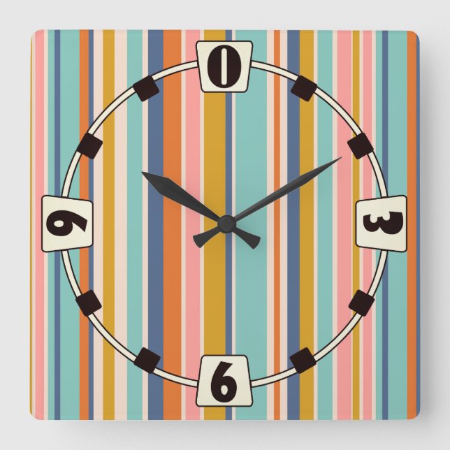 Retro vertical orange blue and yellow pink stripes square wall clock (Front)
