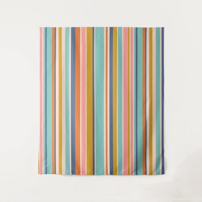 Retro vertical orange blue and yellow pink stripes tapestry (Front)