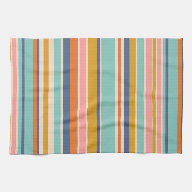Retro vertical orange blue and yellow pink stripes tea towel (Horizontal)
