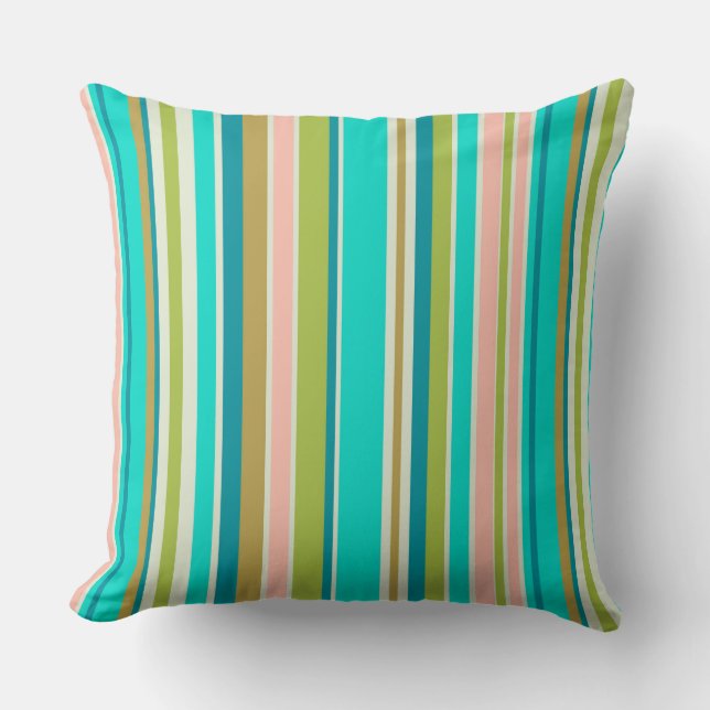 Retro vertical pink turquoise and peach stripes cushion (Front)
