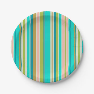 Retro vertical pink turquoise and peach stripes paper plate