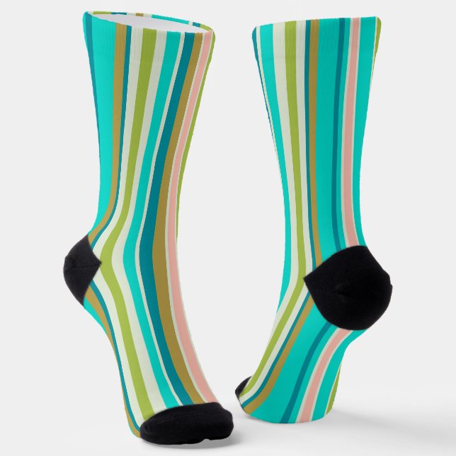 Retro vertical pink turquoise and peach stripes socks (Angled)