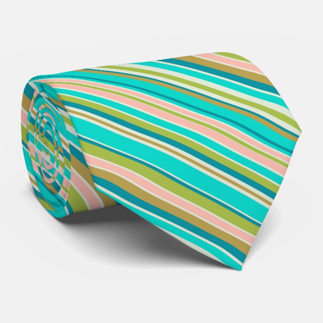 Retro vertical pink turquoise and peach stripes tie (Rolled)