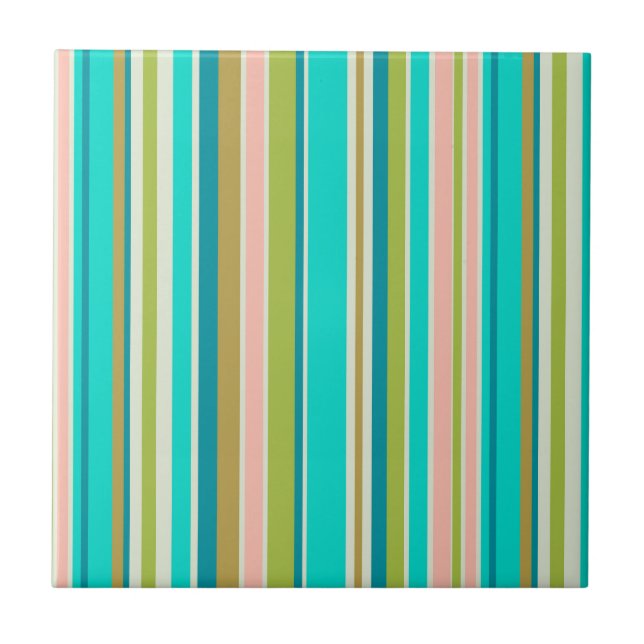 Retro vertical pink turquoise and peach stripes tile (Front)