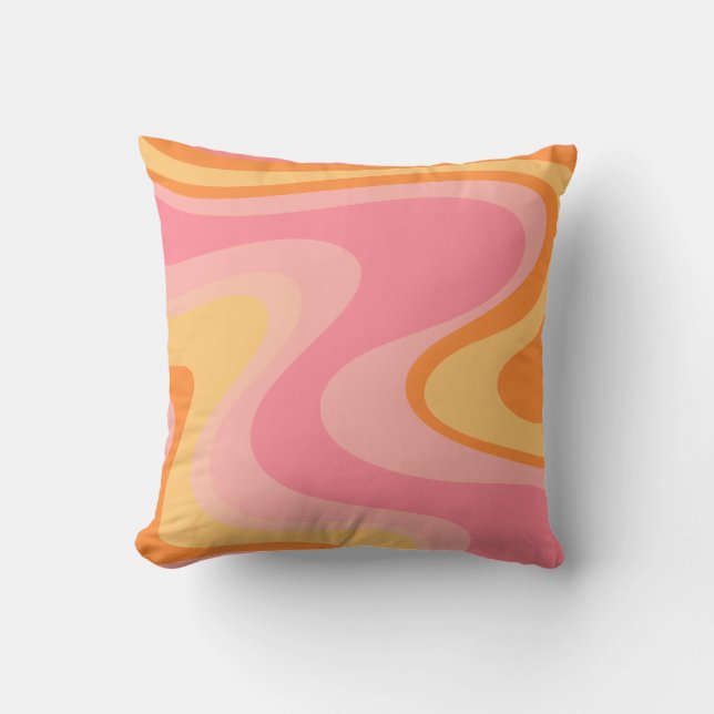 Retro Vibe Abstract Swirl 60s 70s Pink and Orange Cushion (Front)