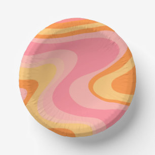 Retro Vibe Abstract Swirl 60s 70s Pink and Orange Paper Plate