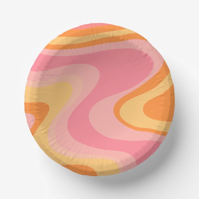 Retro Vibe Abstract Swirl 60s 70s Pink and Orange Paper Plate (Front)