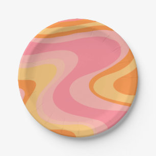 Retro Vibe Abstract Swirl 60s 70s Pink and Orange Paper Plate