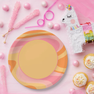 Retro Vibe Abstract Swirl 60s 70s Pink and Yellow Paper Plate