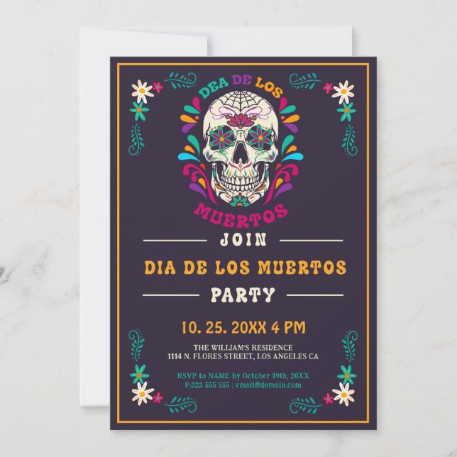 Retro Vibe Day Of The Dead, Dia De Los Muertos Invitation (Front)