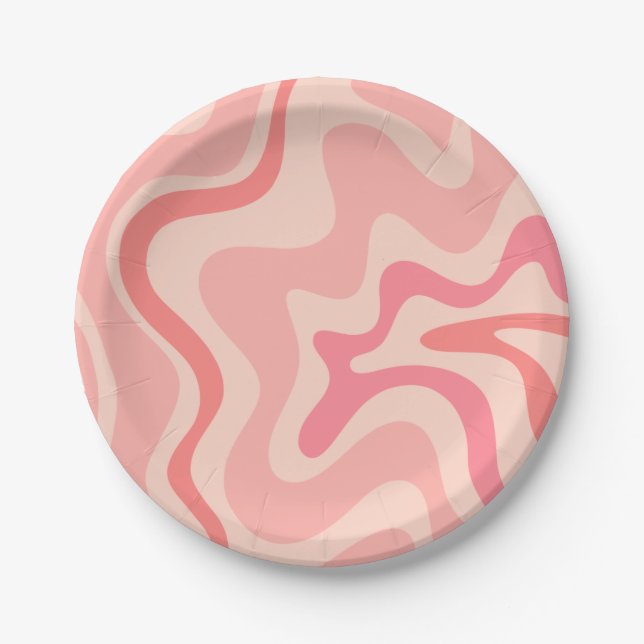 Retro Vibe Liquid Swirl Abstract Pattern Pink Paper Plate (Front)