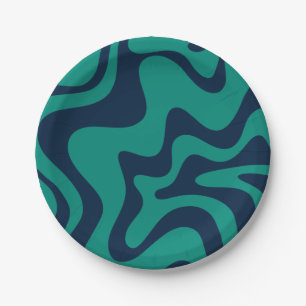 Retro Vibe Liquid Swirl Pattern in Teal and Blue Paper Plate