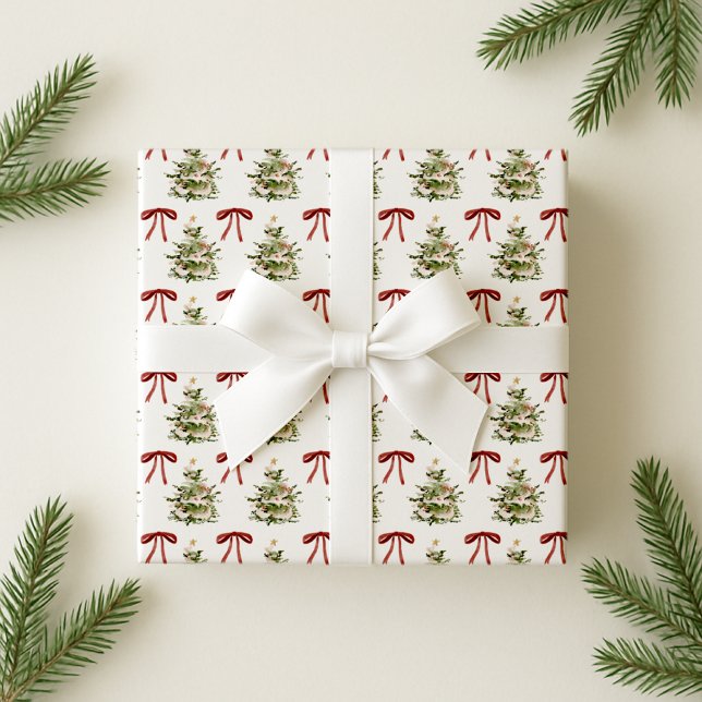 Retro vibe, red bows and Christmas tree pattern Wrapping Paper (Creator Uploaded)