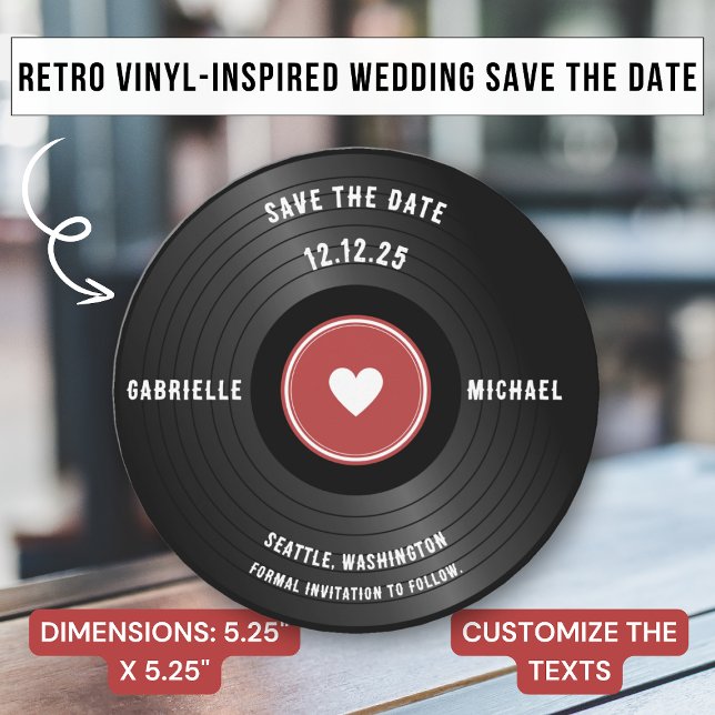 Retro Vibe Vinyl Music Theme Red Save The Date Invitation (Creator Uploaded)