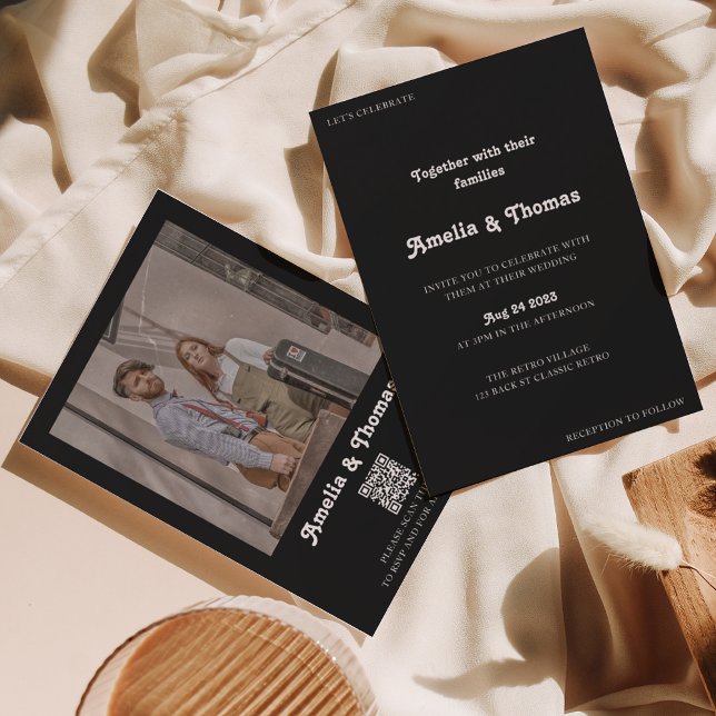 Retro Vibes Black Photo QR Code Wedding Invitation (Creator Uploaded)