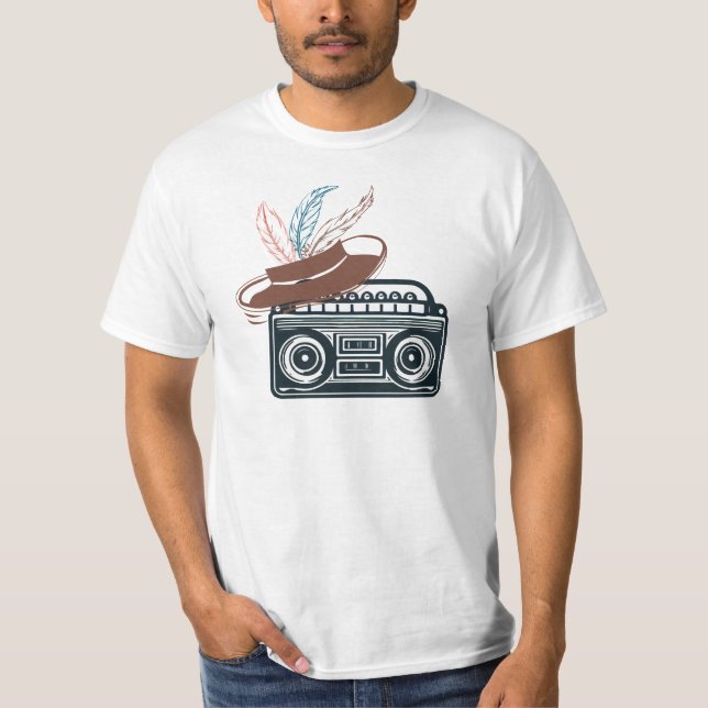 "Retro Vibes: Boombox & Feathered Hat" T-Shirt (Front)