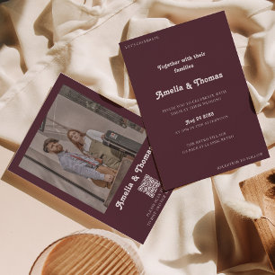 Retro Vibes Burgundy Photo QR Code Wedding Invitation