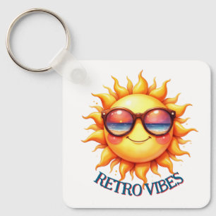Retro Vibes Groovy 70s Smiling Sun with Sunglass Key Ring