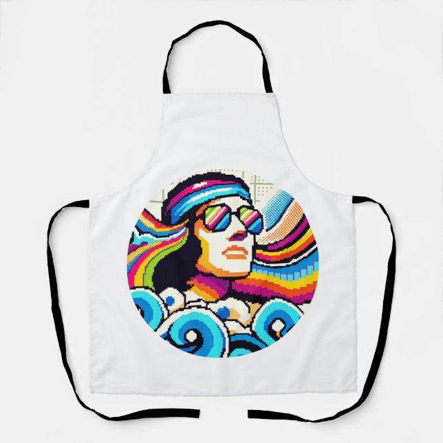Retro Vibes: Groovy Hobbies in Pixel Art Apron (Front)