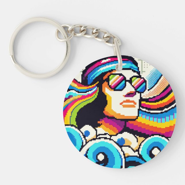 Retro Vibes: Groovy Hobbies in Pixel Art Key Ring (Front)