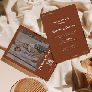 Retro Vibes Terracotta Photo QR Code Wedding Invitation