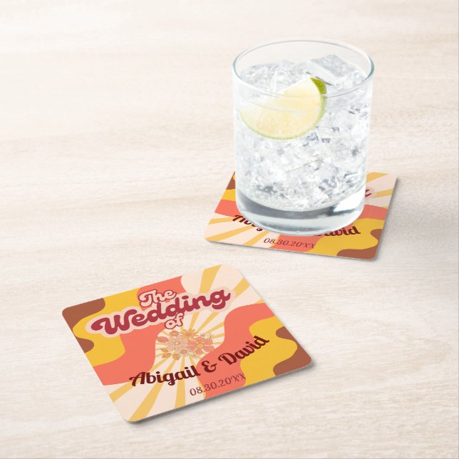 Retro Vibes Vintage Wedding Square Paper Coaster (Insitu)