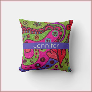 Retro Vibrant Hearts and Flowers Colourful Cushion