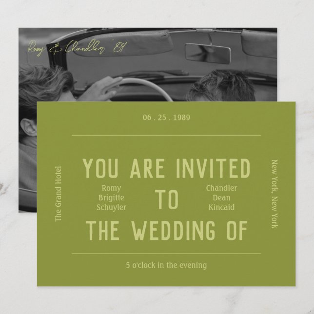 Retro Vibrant Monochrome Green Wedding  Invitation (Front/Back)