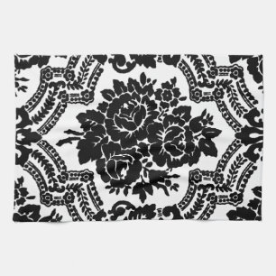 Retro victorian floral print, black and white. tea towel