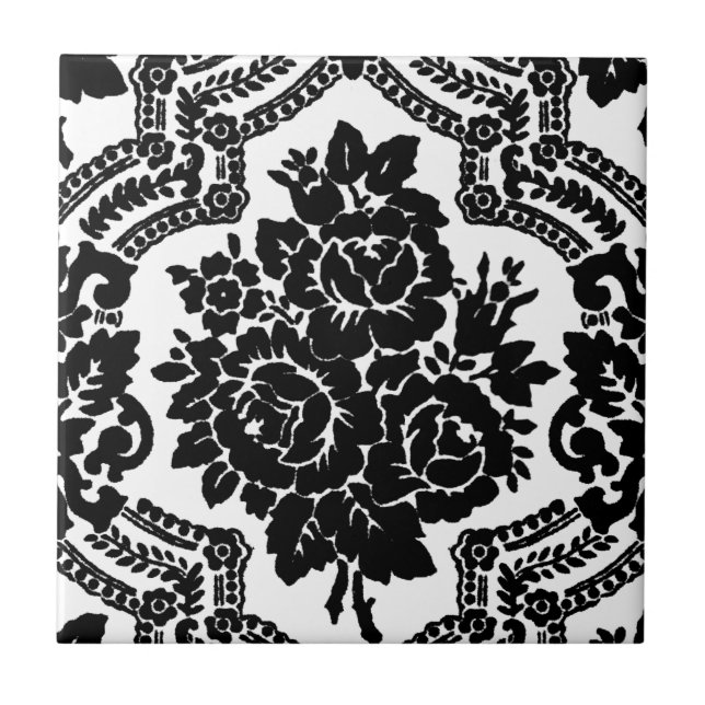 Retro victorian floral print, black and white. tile (Front)