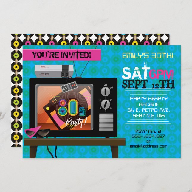 Retro Video Game Arcade 80's Birthday Party Invite (Front/Back)