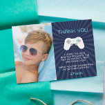 Retro Video Game Kids Birthday Photo Thank You Card<br><div class="desc">These awesome gamer theme birthday thank you cards with a vintage video game vibe feature retro lettering on a navy blue background with a video game controller illustration. "Thank You" appears at the top in retro digital lettering, with your custom message and name beneath. A photo of the birthday kiddo...</div>