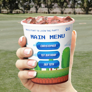 Retro Video Game Menu 1st Birthday Party Paper Cups