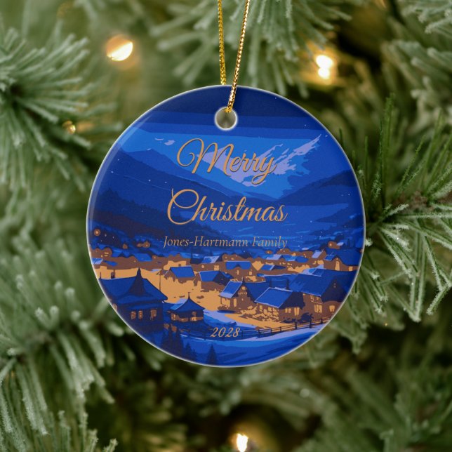 Retro Village Mountain Blue Gold Landscape  Ceramic Tree Decoration (Tree)