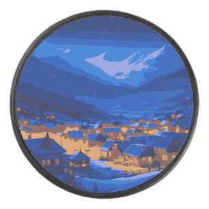 Retro Village Mountain Blue Gold Landscape  Hockey Puck