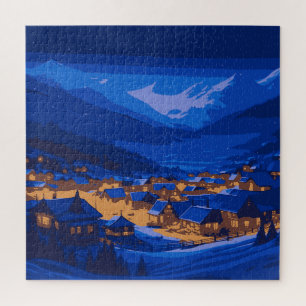 Retro Village Mountain Blue Gold Landscape  Jigsaw Puzzle