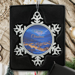 Retro Village Mountain Blue Gold Landscape  Snowflake Pewter Christmas Ornament