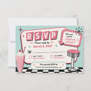 Retro Vintage 1950's Diner Chequered Floor Wedding RSVP Card