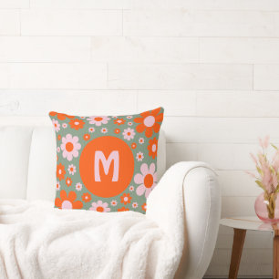 Retro Vintage 70s Daisy Pattern Orange Green Cushion