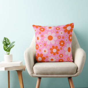 Retro Vintage 70s Daisy Pattern Orange Pink Cushion
