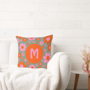 Retro Vintage 70s Daisy Pattern Orange Pink Green Cushion