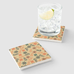 Retro Vintage 70s Floral Flower Leaves Pattern Stone Coaster