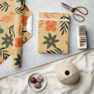 Retro Vintage 70s Floral Flower Leaves Pattern Wrapping Paper