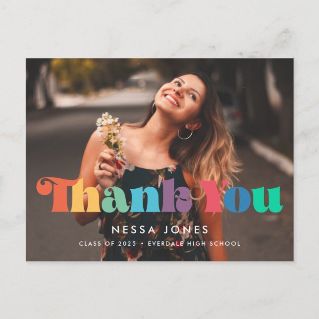 Retro vintage 70s graduation Thank you photo Postcard (Front)