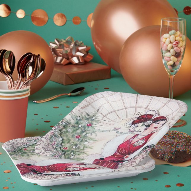 Retro vintage Art Deco Holiday lady Paper Plate (Multi)