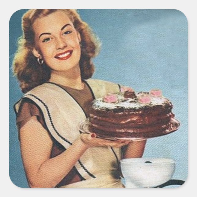 retro vintage baking lady square sticker (Front)