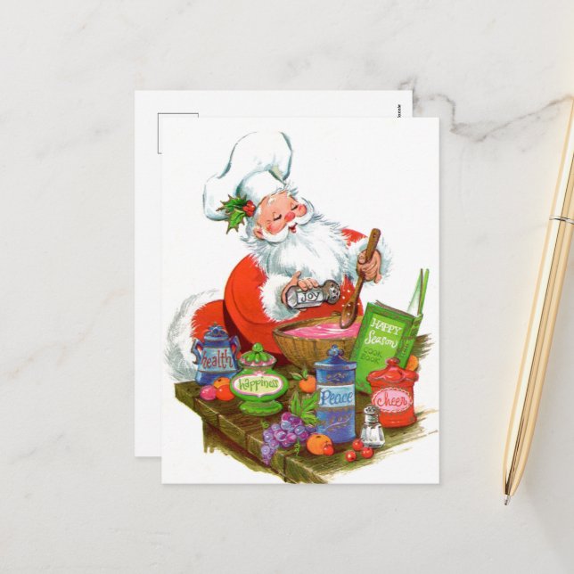 retro vintage Baking Santa Holiday Postcard (Front/Back In Situ)