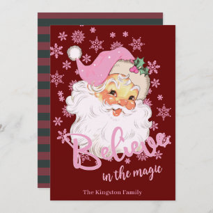 Retro Vintage Belive in the Magic Pink Santa  Holiday Card